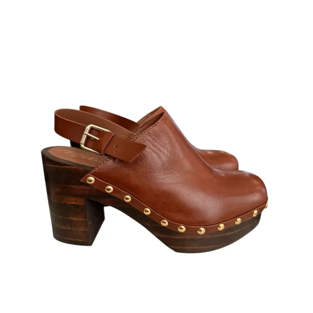 Matisse Brown Leather Platform Clogs LIBERTY Gold Studded Wood Heel Mule Size 8M - Picture 5 of 13